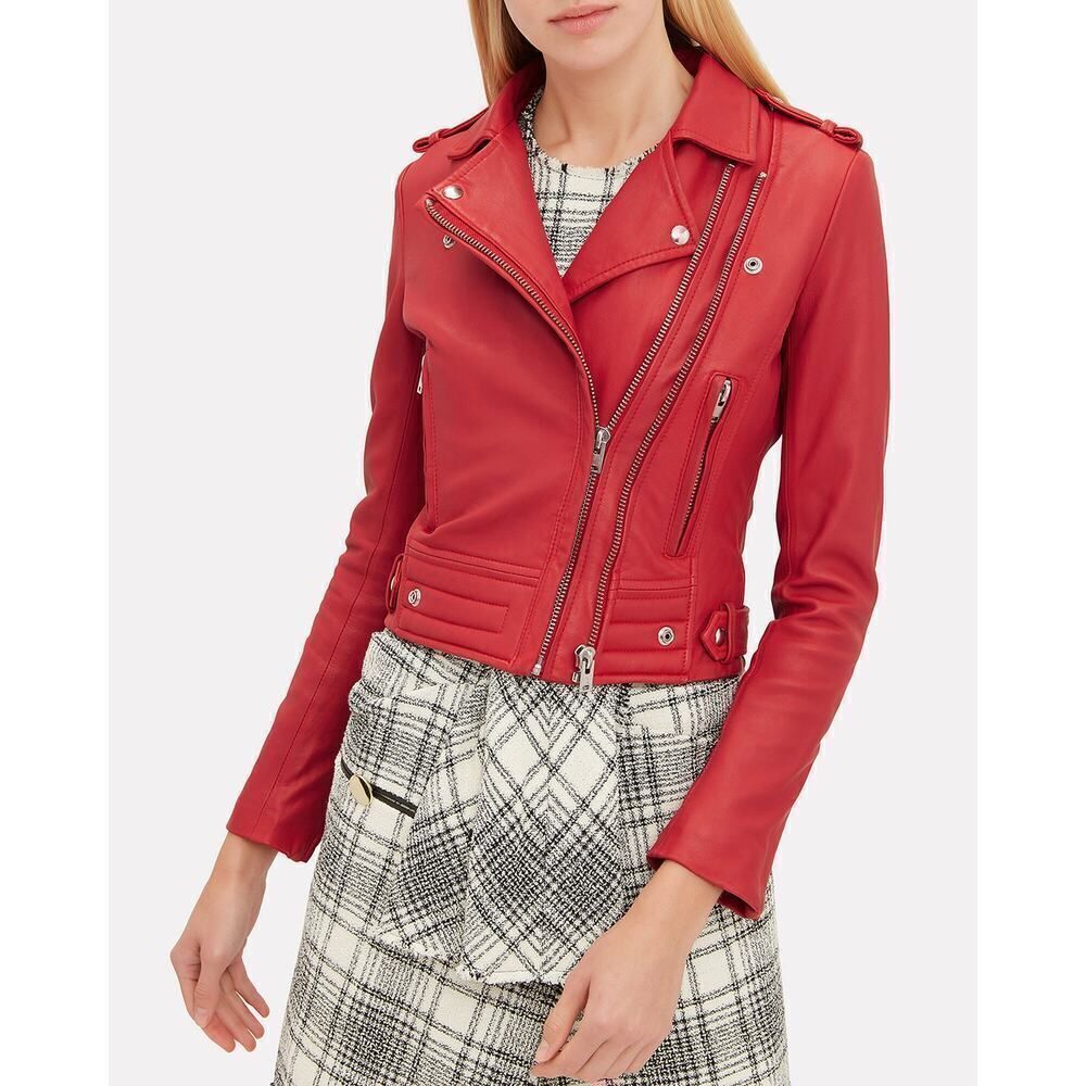 IRO Luiga Cropped Moto Jacket Women 36 Red Silver Double Zip Button Long Sleeve